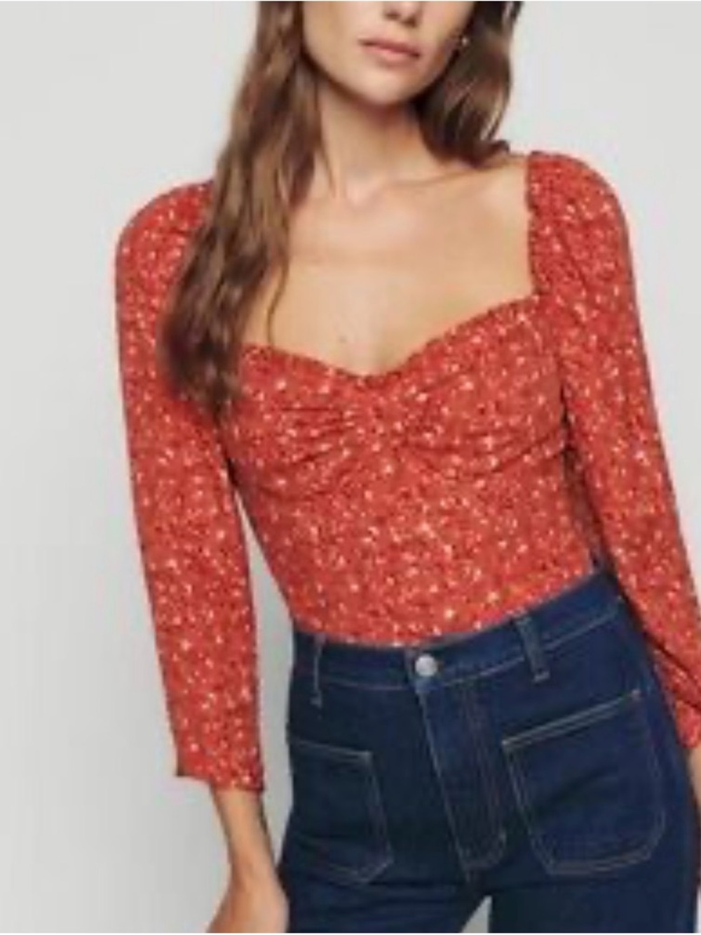 Reformation Red Floral Ruched Square-Neck Long Sleeve Top